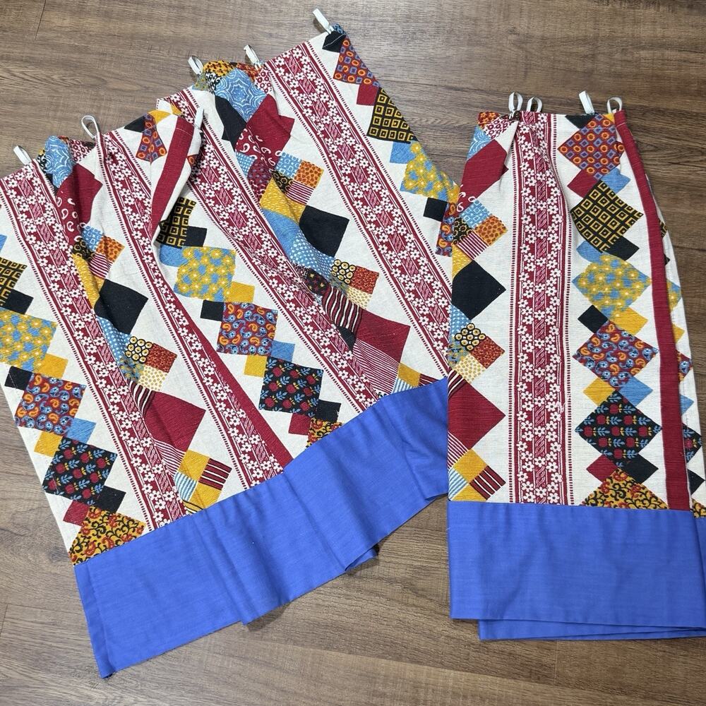 Set 2 Vintage 70s JC Penney Home Starburst Patchwork Cafe Curtains 26" Blue Red